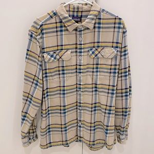 Patagonia Fjord Flannel Shirt, Large, Tan with Blue and Yellow